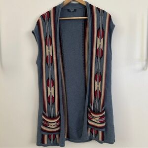 Women’s Chaps Blue Sleeveless Cardigan with Boho Southwestern Pattern Large